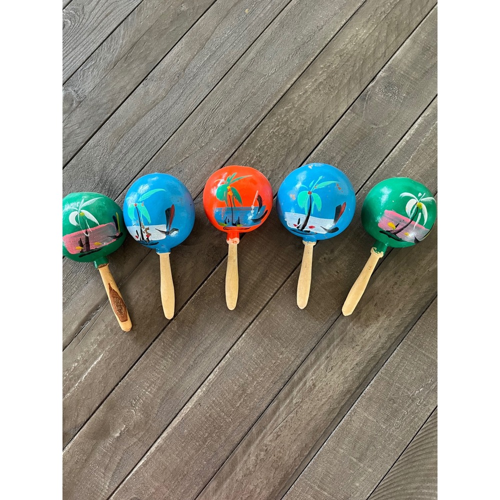 Vintage Hand Painted Wooden Maracas Set of 5 Tropical Palm Tree Beach Folk Art